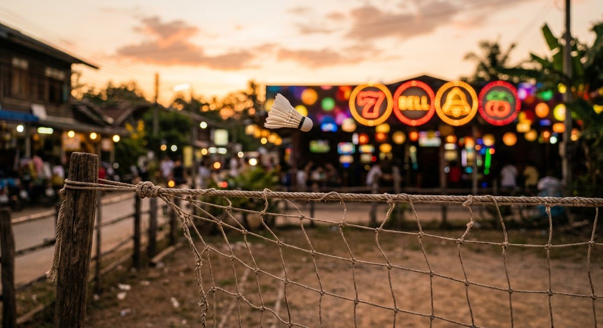 Kok bulu tangkis melayang di atas tali lapangan desa dengan gulungan slot ber simbol tujuh dan bel di latar