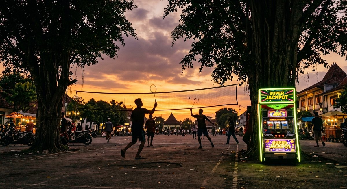 Lapangan bulu tangkis senja di halaman kota dengan kabinet mesin slot retro menyala di tepi lapangan