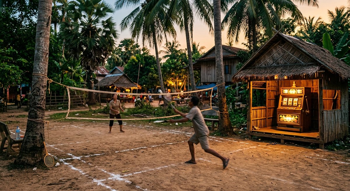 Lapangan bulu tangkis tanah desa dengan tali sliwar di antara dua pohon dan mesin slot klasik menyala di gubuk tepi lapangan