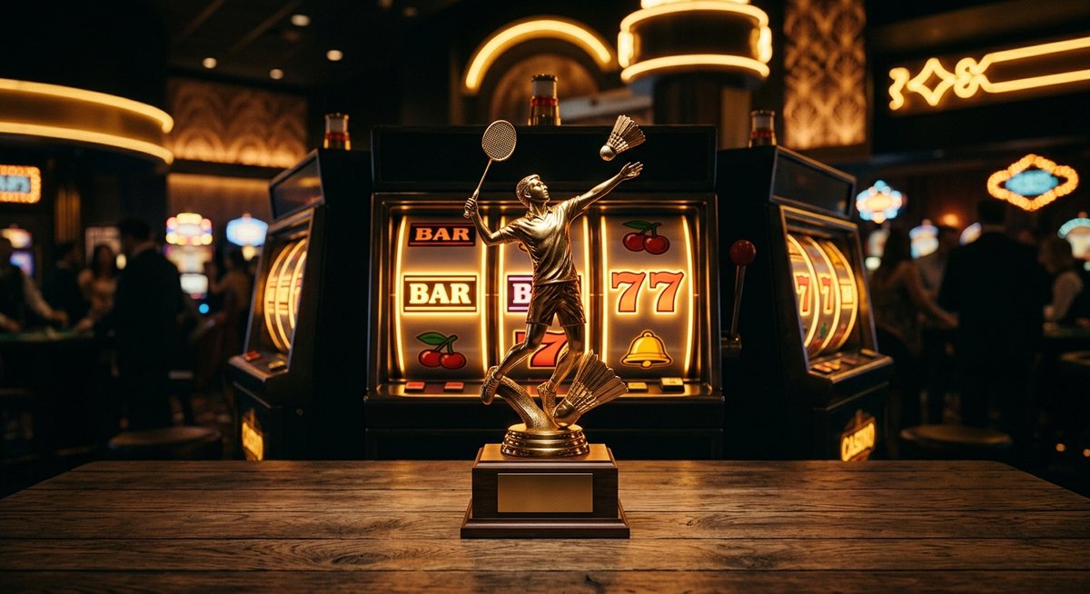 Trofi emas bulu tangkis di atas meja kayu dengan gulungan mesin slot bercahaya dan simbol BAR di belakangnya