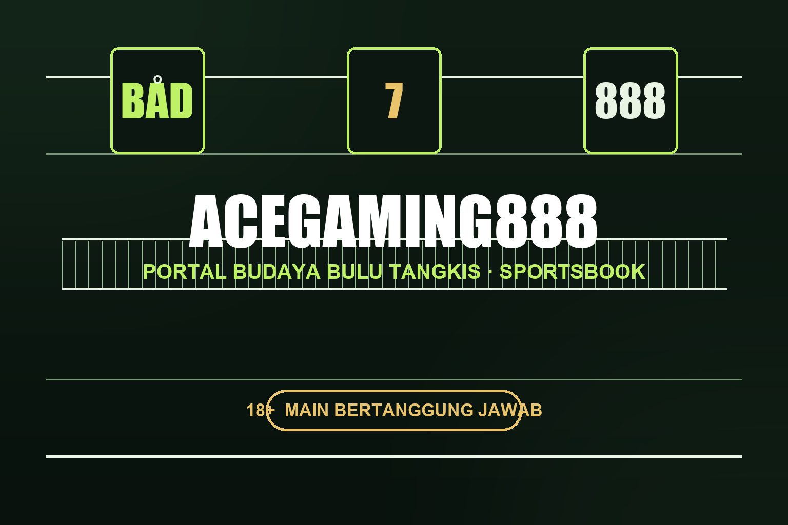 Sampul portal ACEGAMING888 dengan garis lapangan, pita gulungan simbol, dan nama merek di latar hijau gelap